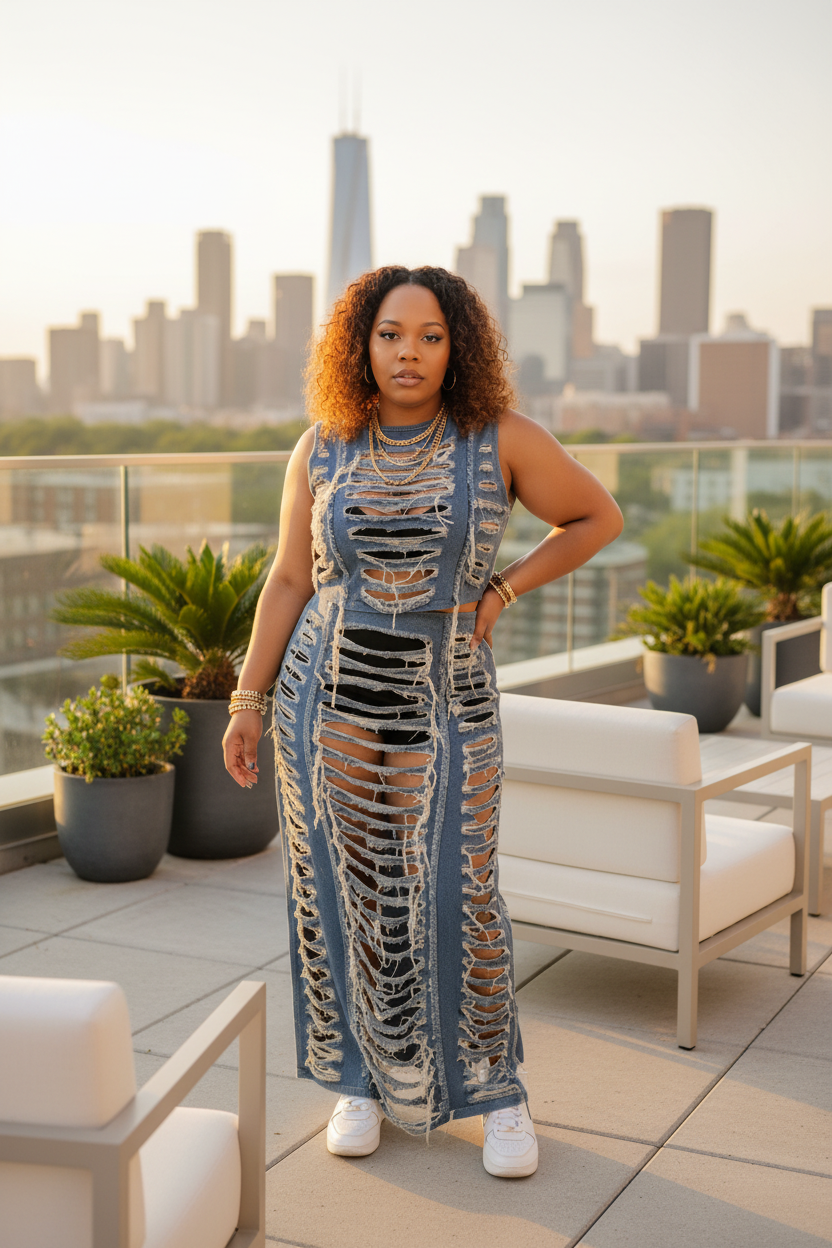 Ripped denim two-piece set styled for a glam outdoor rooftop shoot at golden hour