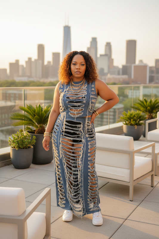 Ripped denim two-piece set styled for a glam outdoor rooftop shoot at golden hour