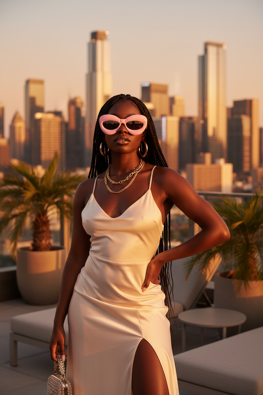 Poker Face Sunglasses styled in a glam outdoor golden hour rooftop editorial shoot